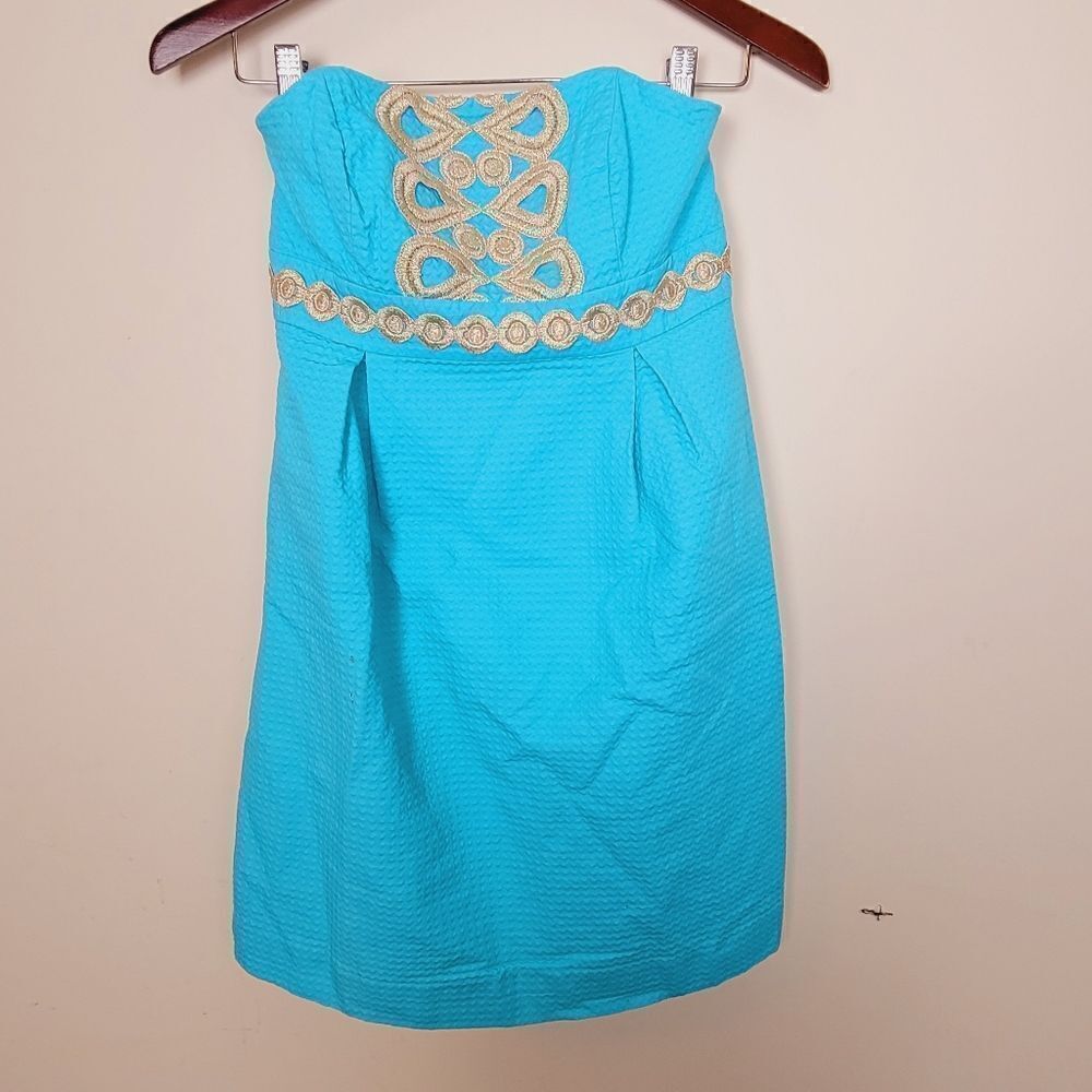 LILLY PULITZER Mini Dress Wave Jacquar Shorely Turqoise Blue Gold Strapless 2